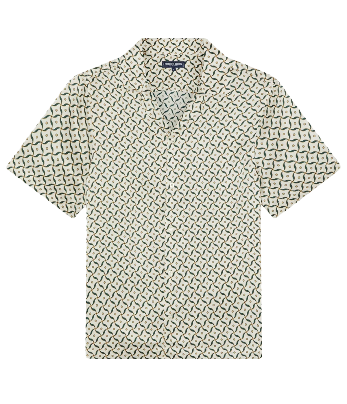 Men’s silk camp collar shirt by Frescobol Carioca with relaxed fit and all-over bespoke Lotus print, crafted from lightweight 100% silk.