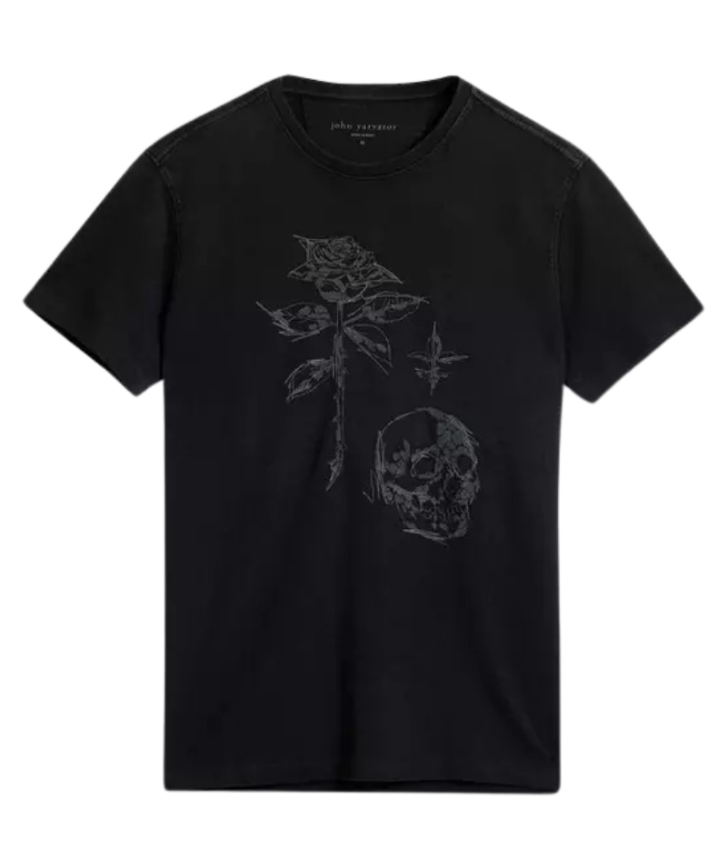 John Varvatos Rose + Skull Tee featuring embroidered rose, skull, and fleur-de-lis artwork with raw edge trim, crewneck, and short sleeves.