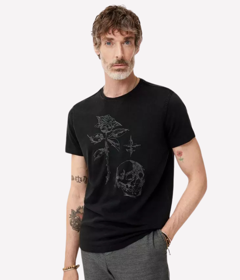 John Varvatos Rose + Skull Tee featuring embroidered rose, skull, and fleur-de-lis artwork with raw edge trim, crewneck, and short sleeves.