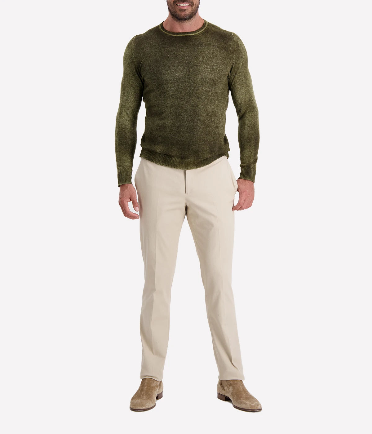 Avant Toi reversible pullover in Moss, featuring a textured dark khaki side and a smoother reverse. Made in Italy for a luxurious yet effortless feel.