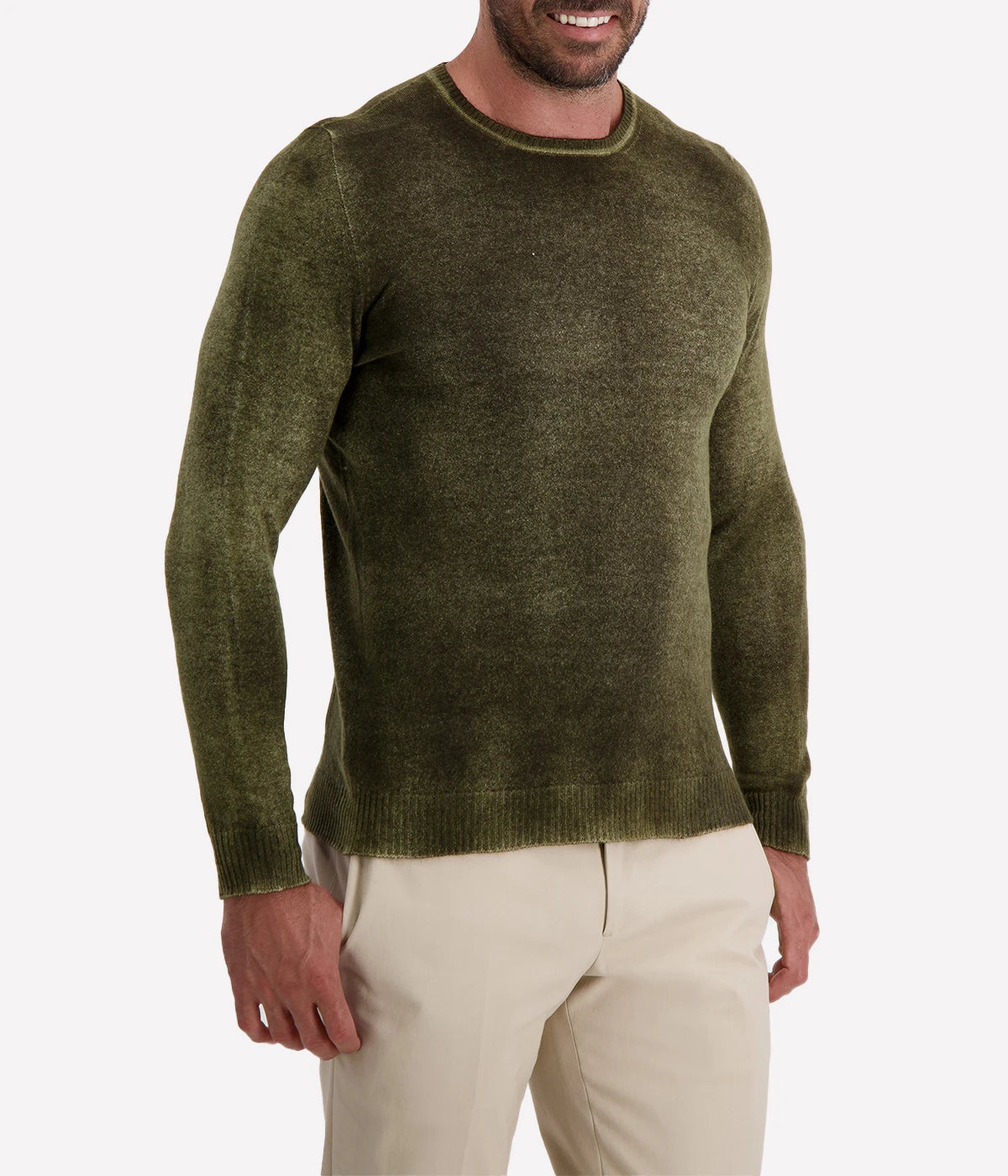 Avant Toi reversible pullover in Moss, featuring a textured dark khaki side and a smoother reverse. Made in Italy for a luxurious yet effortless feel.