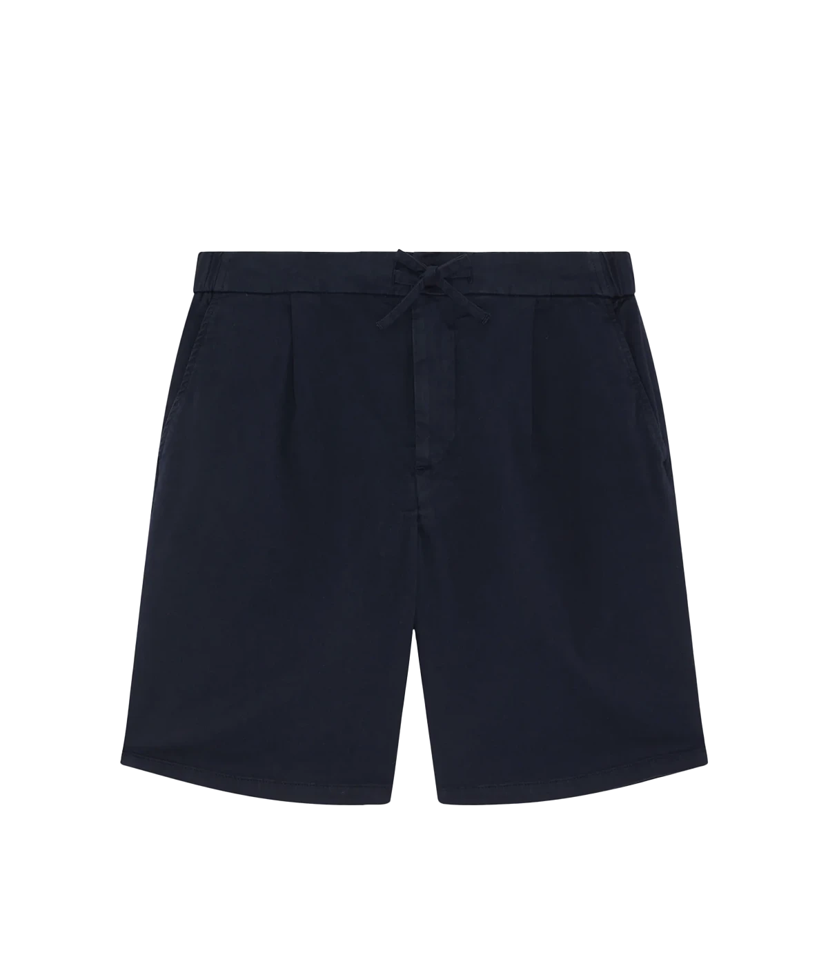Straight-leg shorts in heavyweight cotton with pressed pleat detailing, featuring a partially elasticated waistband with adjustable drawstring, front button fastening, zip fly, side pockets, and back jetted pockets with buttons.