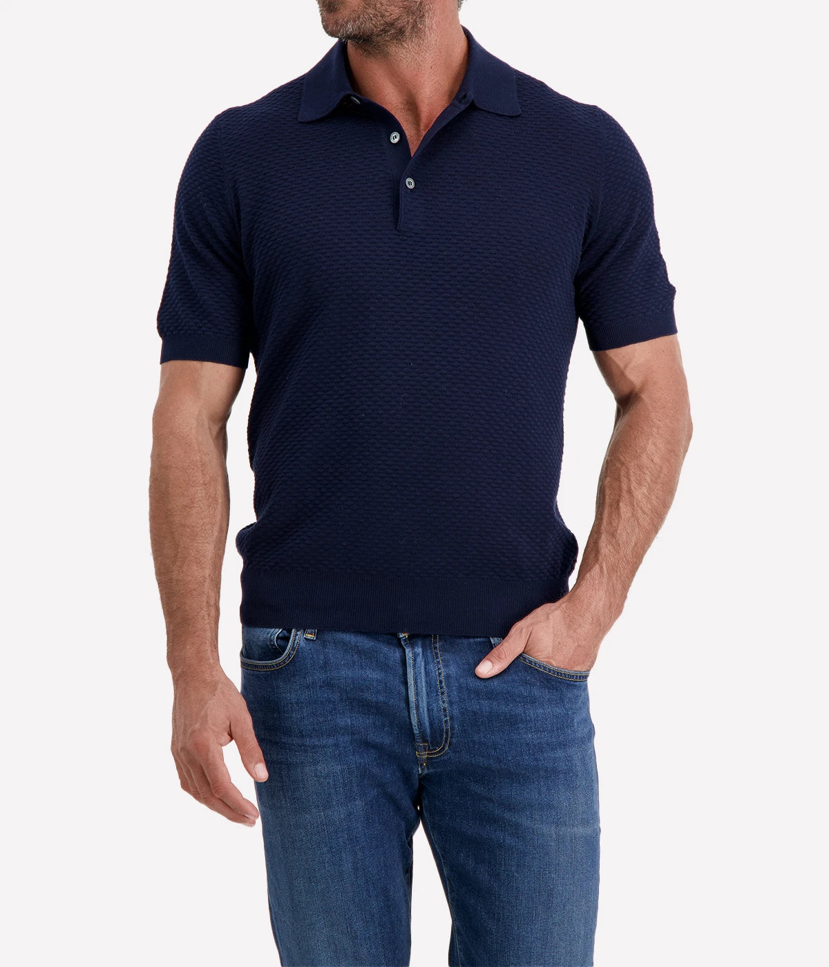 Short Sleeve Polo in Textured Navy