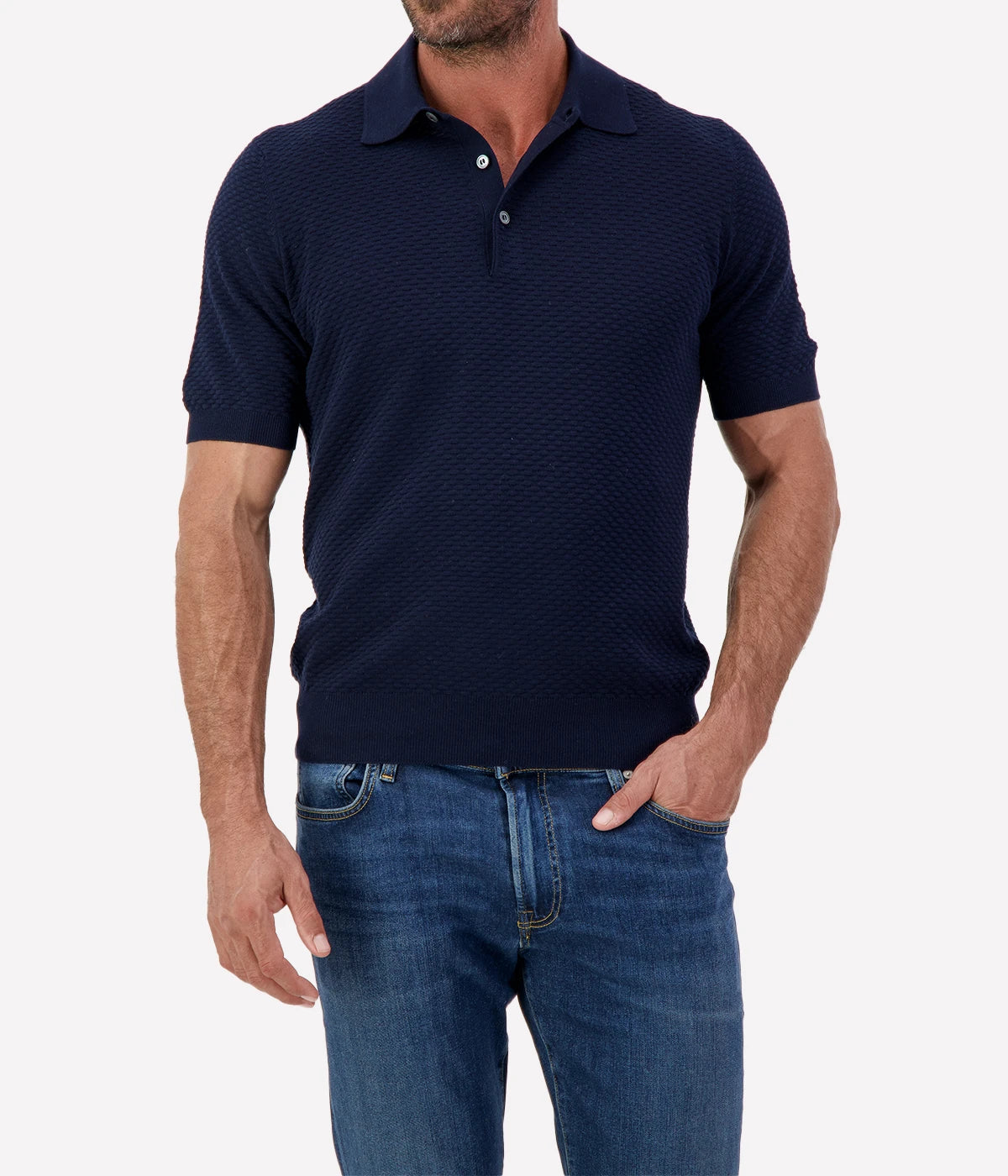 Short Sleeve Polo in Textured Navy