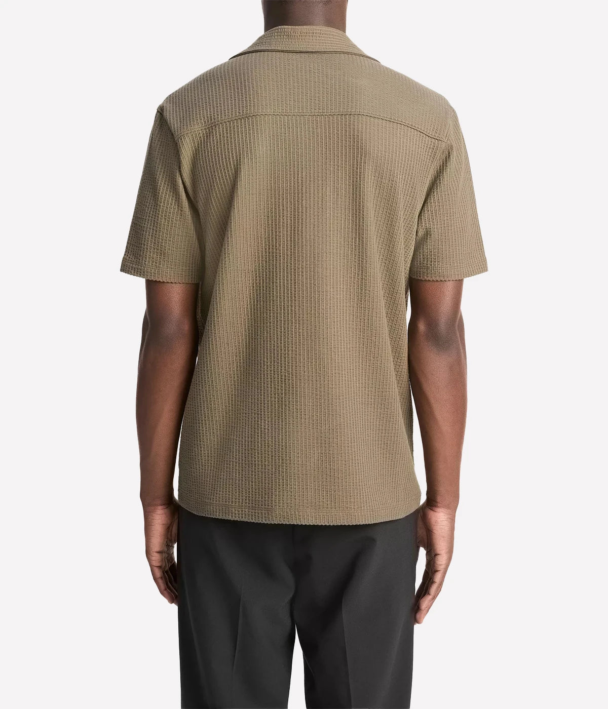 Vince men’s seersucker cabana shirt in off-white with button front, patch pocket, and textured knit for breathable comfort.