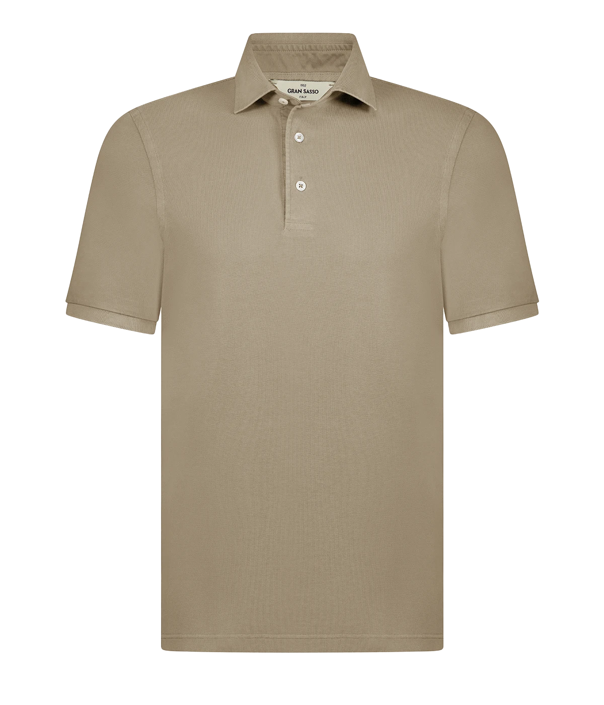 A timeless classic short sleeve polo in a camel, featuring a light weight cotton material, three button detail and collar. Sporty Polo, comfortable, made in Italy, throw on and go.