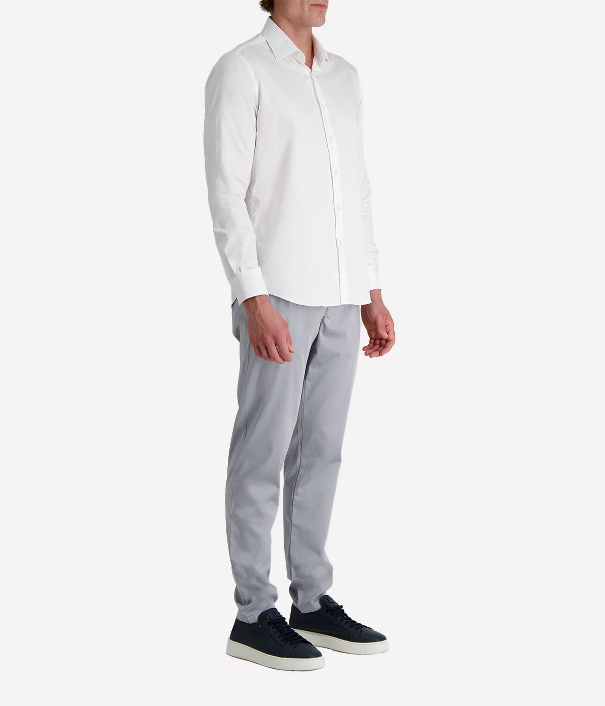 White slim-fit cotton shirt by Ingram featuring a sharp collar, button-down front, and subtle seersucker texture, styled for a clean and modern look.
