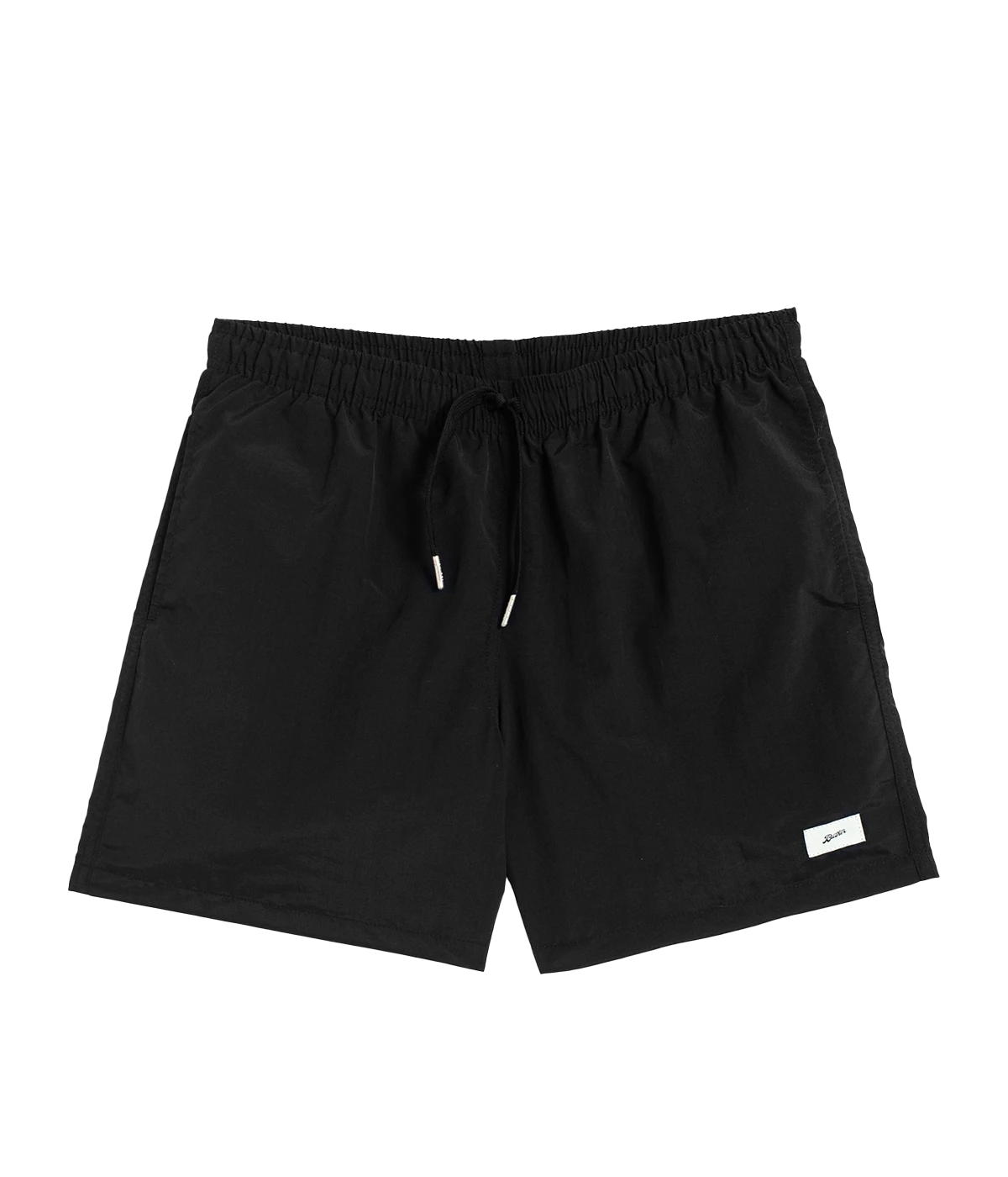 Front view of Bather solid swim trunks, featuring a 5.5-inch inseam and an elasticized waist for a secure and comfortable fit. Made from 100% recycled quick-dry polyester, the trunks are designed with reinforced side pockets and a back pocket with a snap closure.