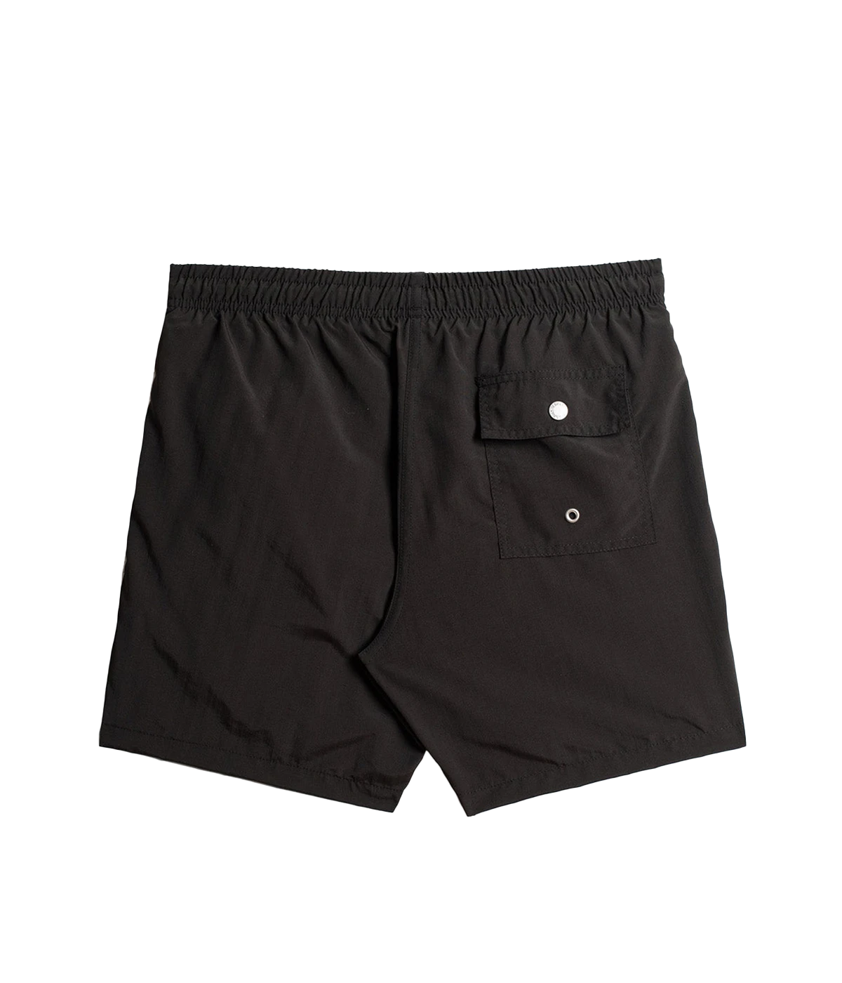 Back view of Bather solid swim trunks, showing the snap-closure back pocket and clean, tailored design. The ultra-fine mesh liner provides quick-dry functionality and four-way stretch for enhanced comfort.