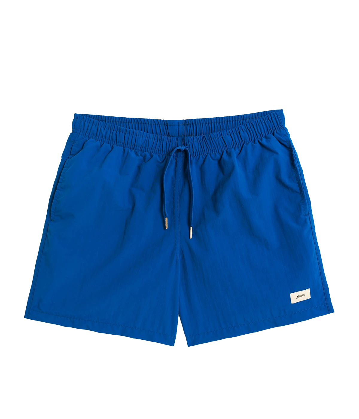 Front view of Bather solid swim trunks, featuring a 5.5-inch inseam and an elasticized waist for a secure and comfortable fit. Made from 100% recycled quick-dry polyester, the trunks are designed with reinforced side pockets and a back pocket with a snap closure.