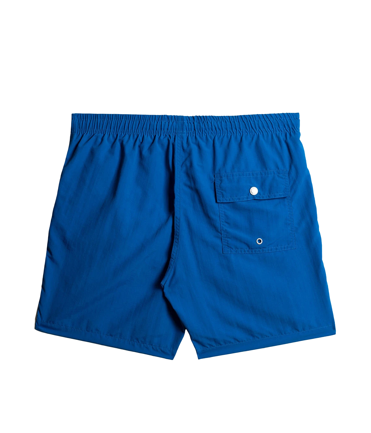 Back view of Bather solid swim trunks, showing the snap-closure back pocket and clean, tailored design. The ultra-fine mesh liner provides quick-dry functionality and four-way stretch for enhanced comfort.