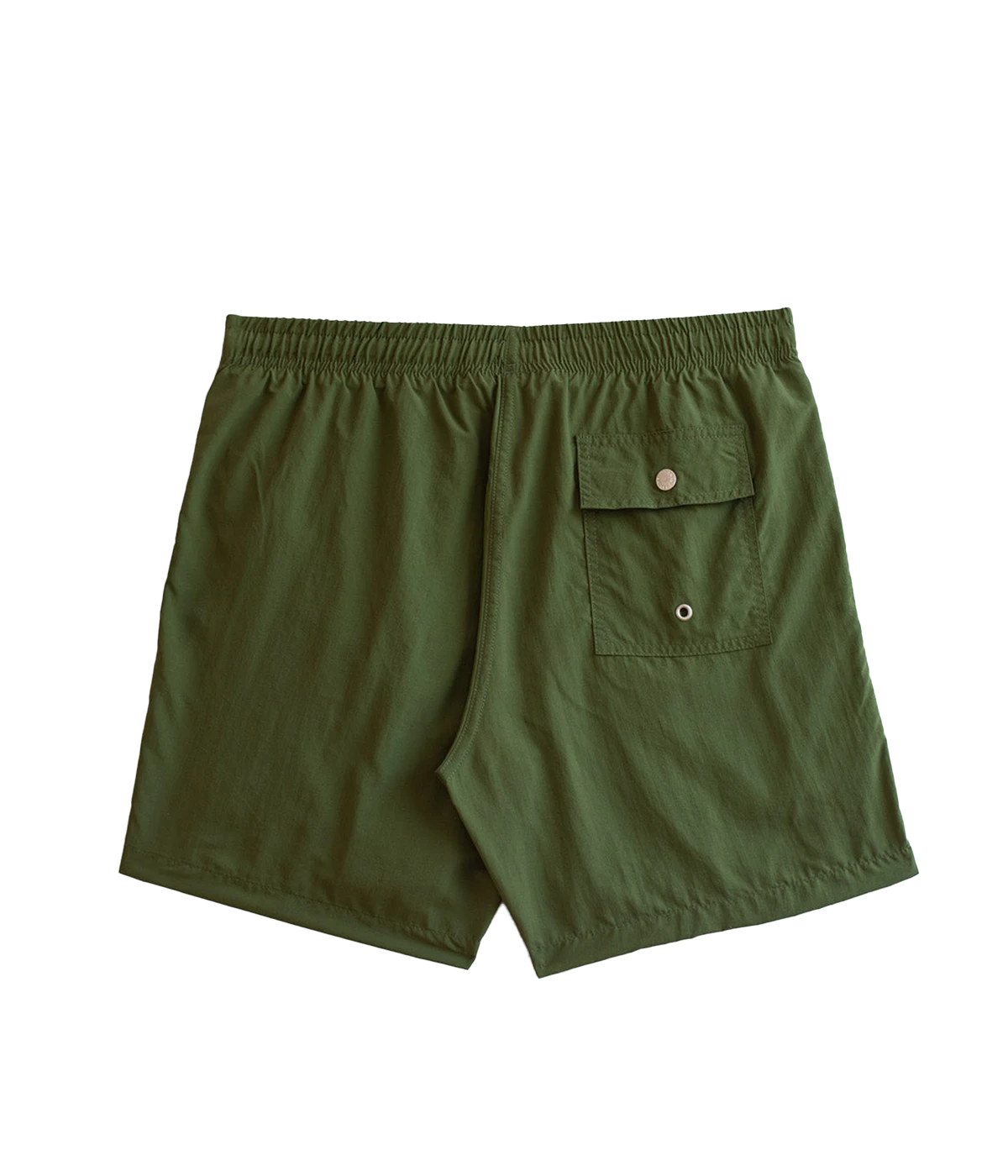 Back view of Bather solid swim trunks, showing the snap-closure back pocket and clean, tailored design. The ultra-fine mesh liner provides quick-dry functionality and four-way stretch for enhanced comfort.