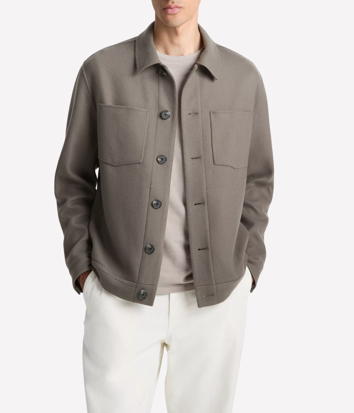 Men’s wool-blend shop jacket with patch pockets and button-front in a clean, tailored silhouette – transitional outerwear at Calexico Man