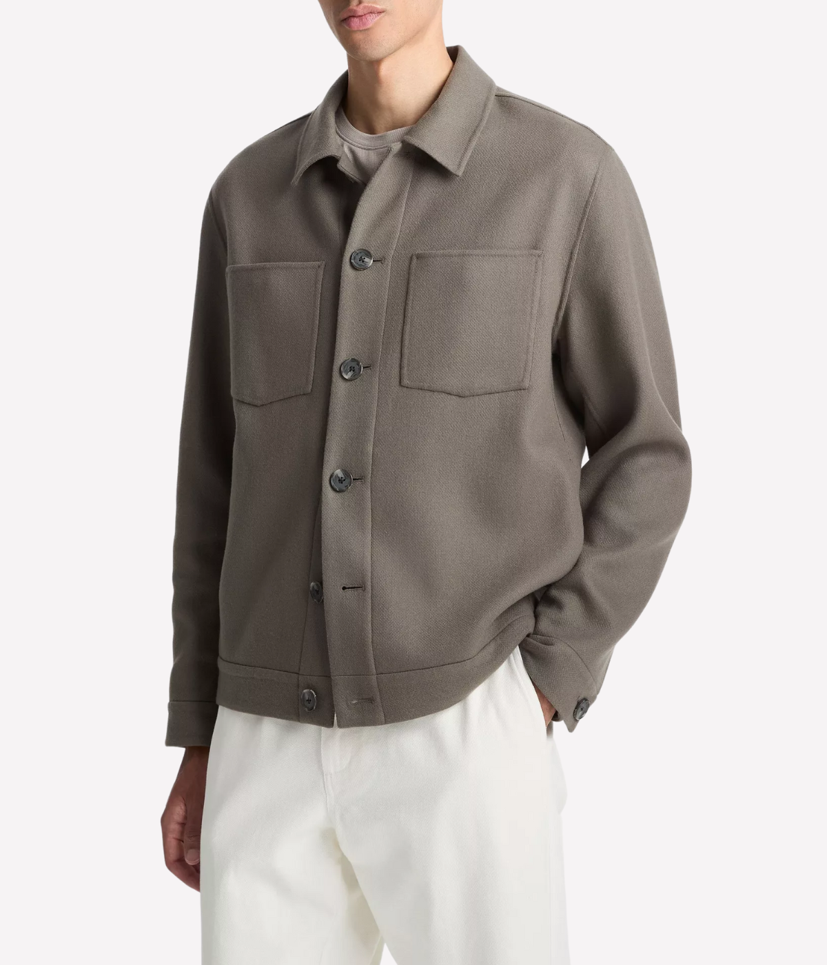 Men’s wool-blend shop jacket with patch pockets and button-front in a clean, tailored silhouette – transitional outerwear at Calexico Man