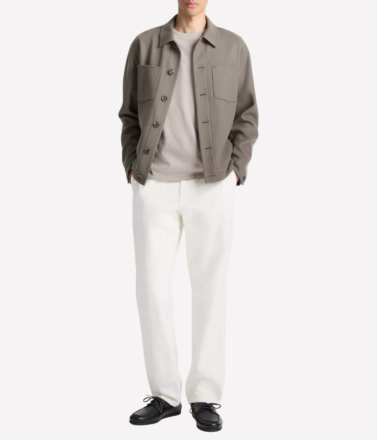 Men’s wool-blend shop jacket with patch pockets and button-front in a clean, tailored silhouette – transitional outerwear at Calexico Man