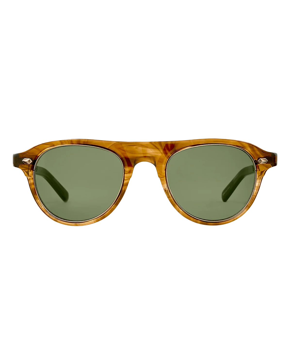 Round aviator style sunglasses by Mr Leight, Handcrafted in Japan with green lenses.