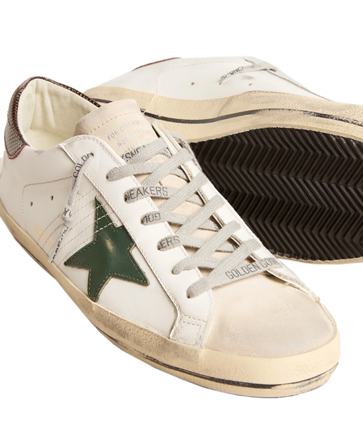 A pair of Golden Goose Super Star Sneakers in white, seed pearl, green, and brown, featuring the brand's signature distressed finish for a relaxed, worn-in look. The sneakers include a signature star patch on the sides and a contrasting green and brown heel counter. Designed with a front lace-up fastening, round toe, and flat rubber sole, these sneakers are perfect for everyday wear, offering a mix of style, comfort, and signature Golden Goose flair.