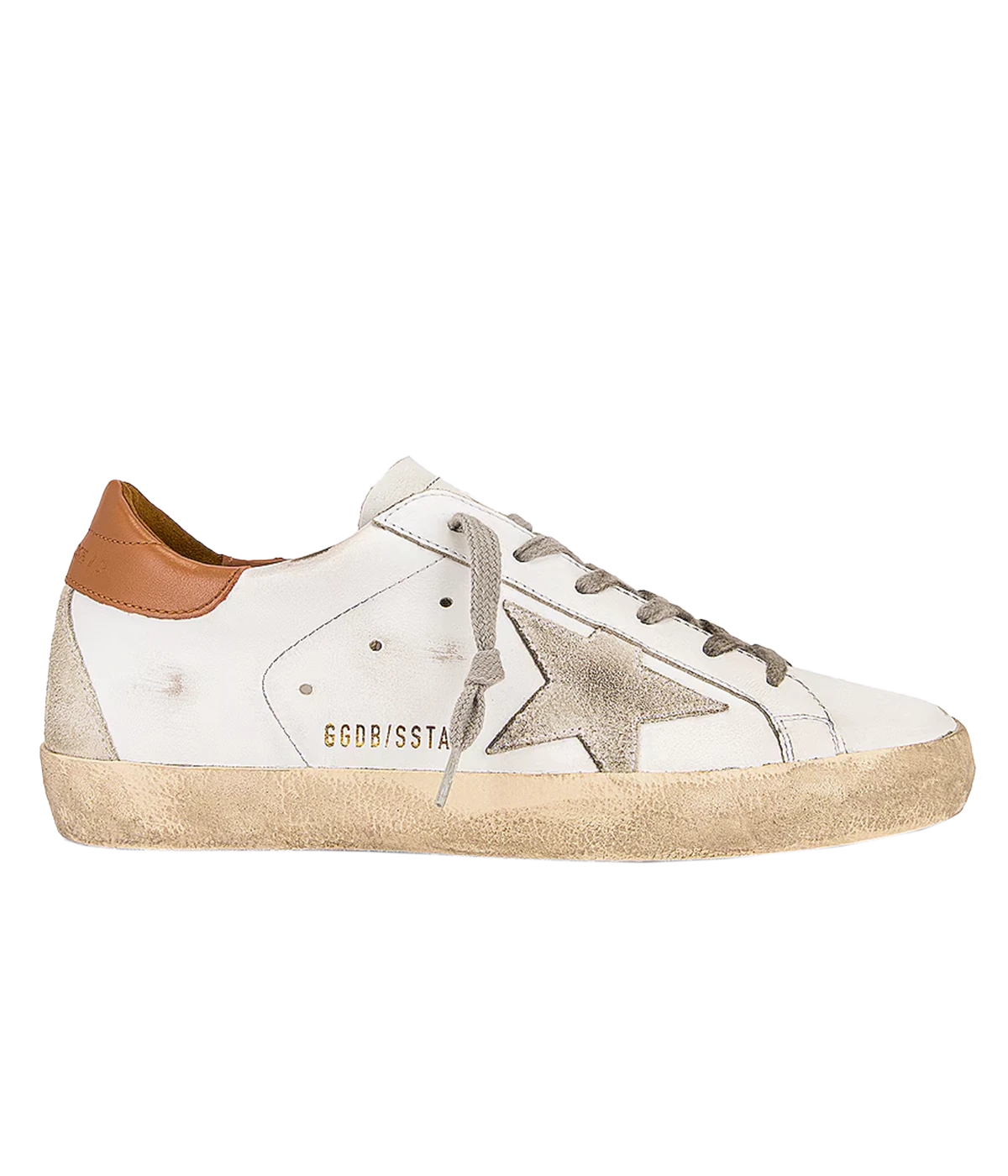 The Golden Goose Super-Star Sneakers in White, Ice & Light Brown feature leather uppers with a distressed finish for a vintage-inspired look. A brown accent at the heel adds a stylish touch, while the iconic star motif on the side wall stands out. With a rubber sole and round toe, these sneakers combine effortless style and comfort, making them a versatile addition to any casual wardrobe.