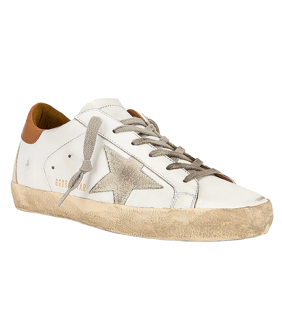 The Golden Goose Super-Star Sneakers in White, Ice & Light Brown feature leather uppers with a distressed finish for a vintage-inspired look. A brown accent at the heel adds a stylish touch, while the iconic star motif on the side wall stands out. With a rubber sole and round toe, these sneakers combine effortless style and comfort, making them a versatile addition to any casual wardrobe.
