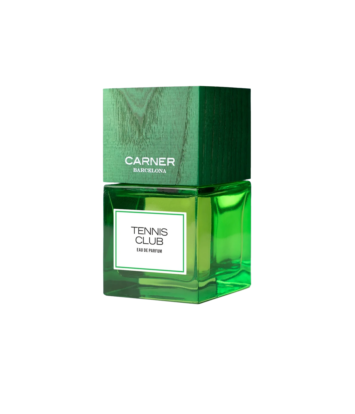 Carner Barcelona Tennis Club Eau de Parfum in a green glass bottle with a matching green textured cap, shown on a plain white background.