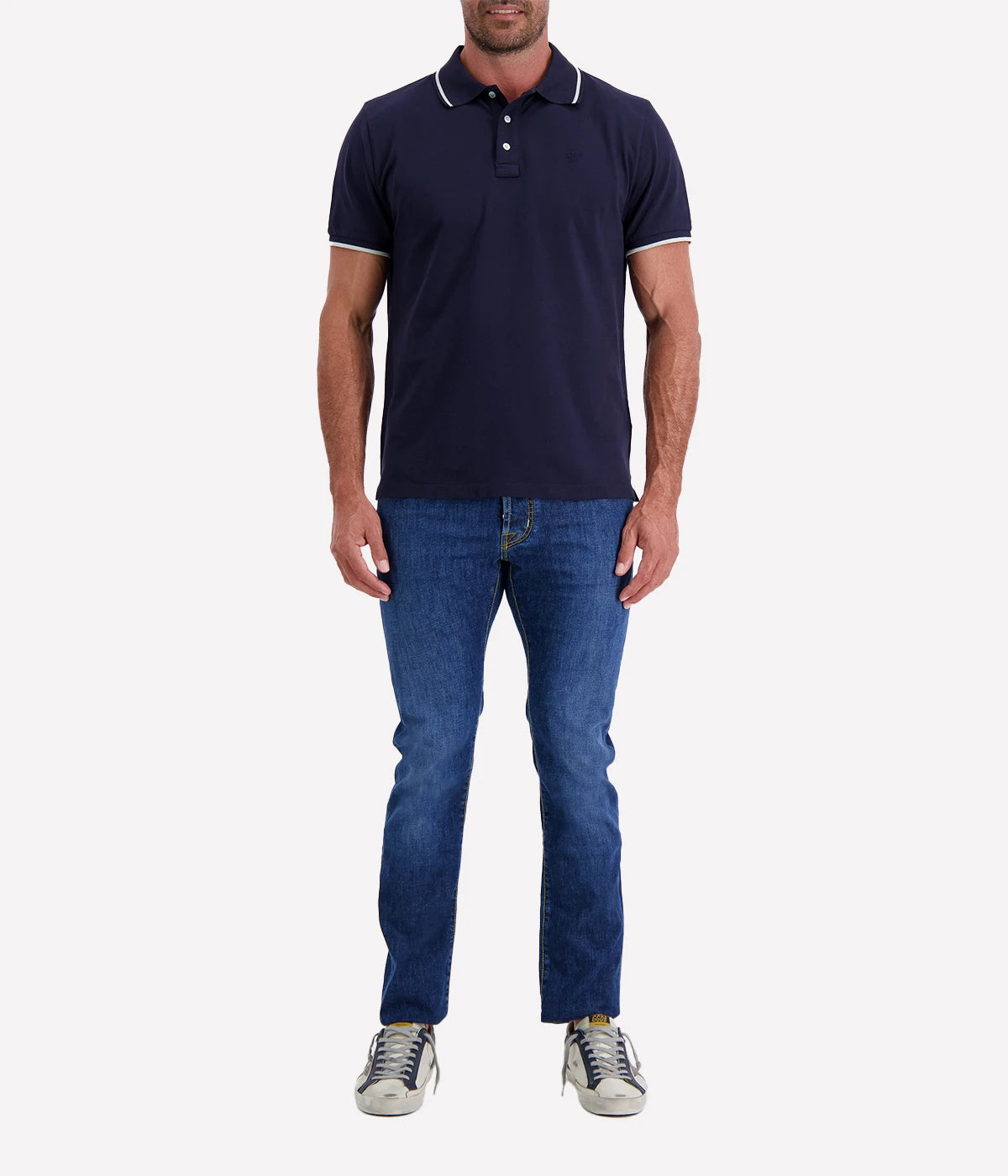 Jacob Cohën men's polo shirt with contrast tipping, classic two-button placket, and embroidered logo. Made from soft stretch cotton for a tailored fit.