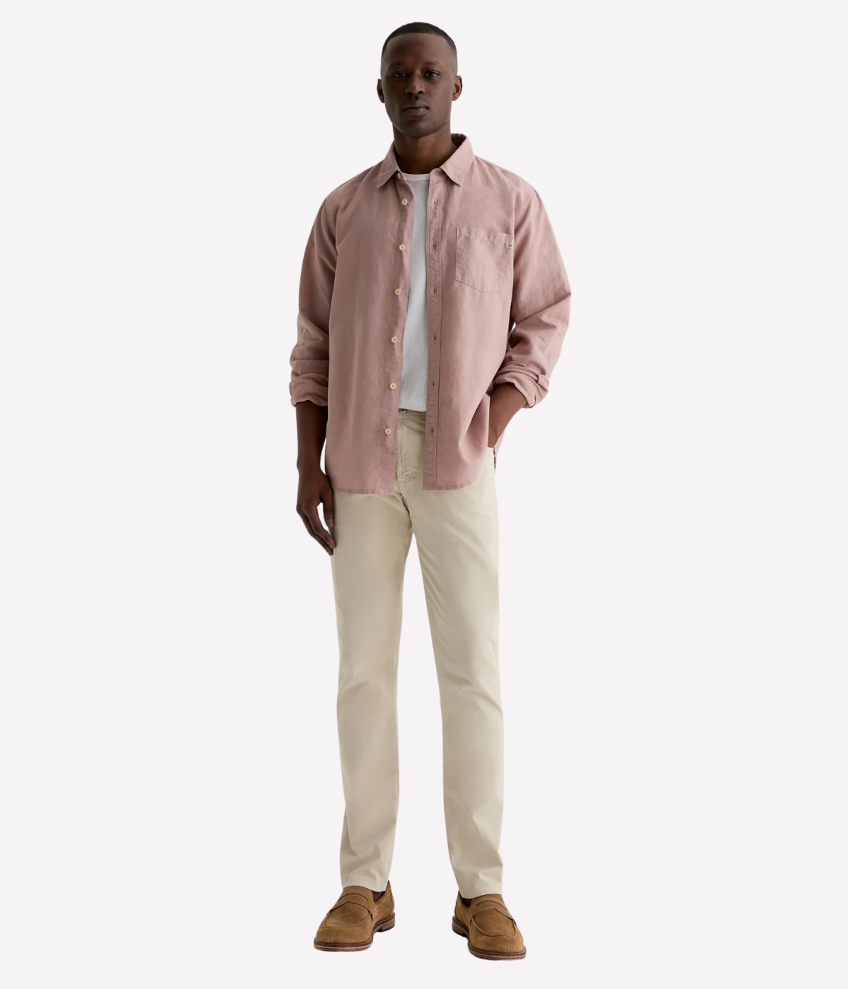 AG Tellis jeans in Natural Ivory, crafted from sueded stretch sateen with a slim fit, tapered leg, and soft brushed texture for elevated everyday wear.