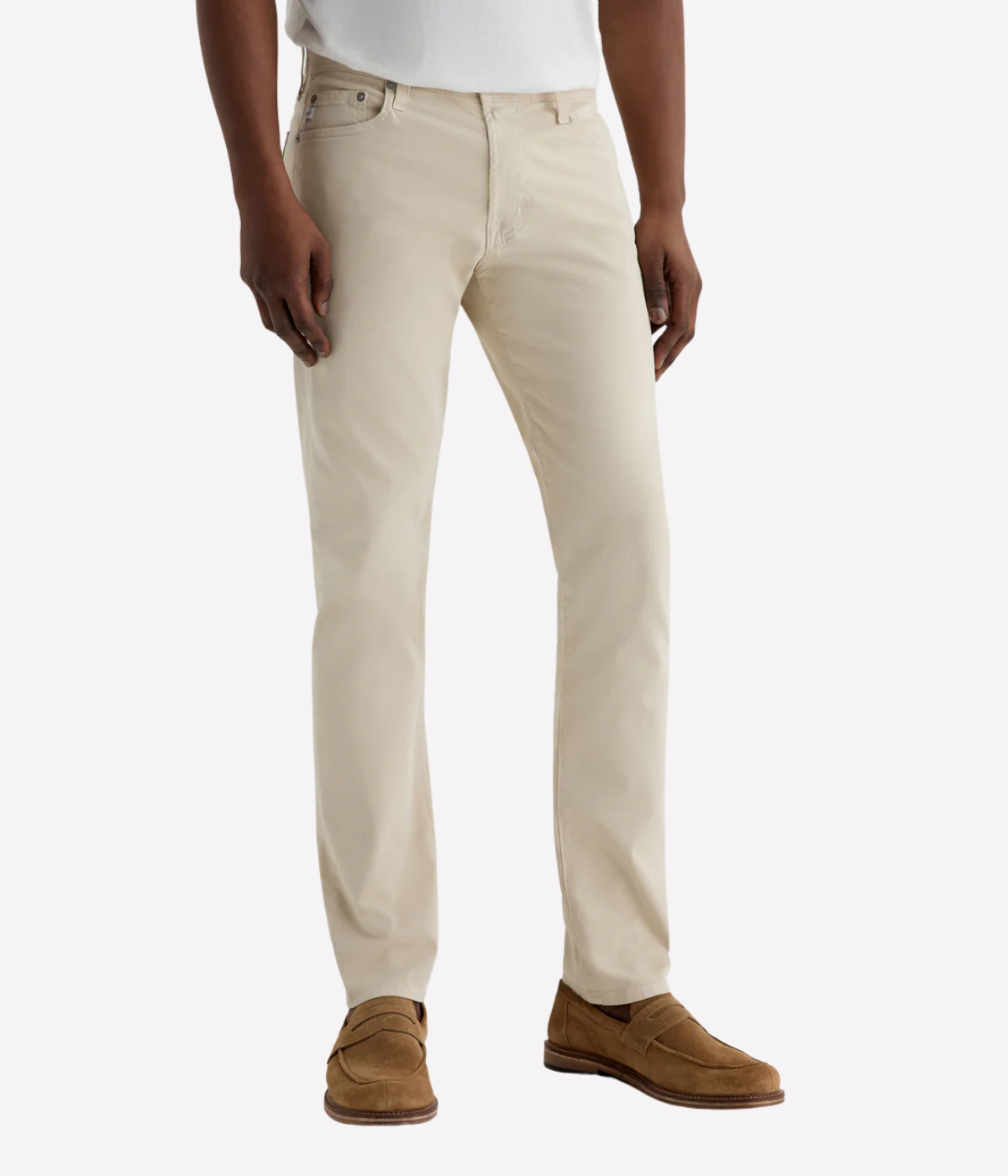 AG Tellis jeans in Natural Ivory, crafted from sueded stretch sateen with a slim fit, tapered leg, and soft brushed texture for elevated everyday wear.