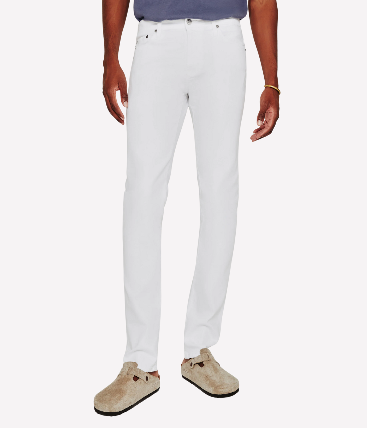 Men’s slim white jeans by AG Tellis, tapered leg in lightweight stretch Dover denim, perfect for smart casual looks.