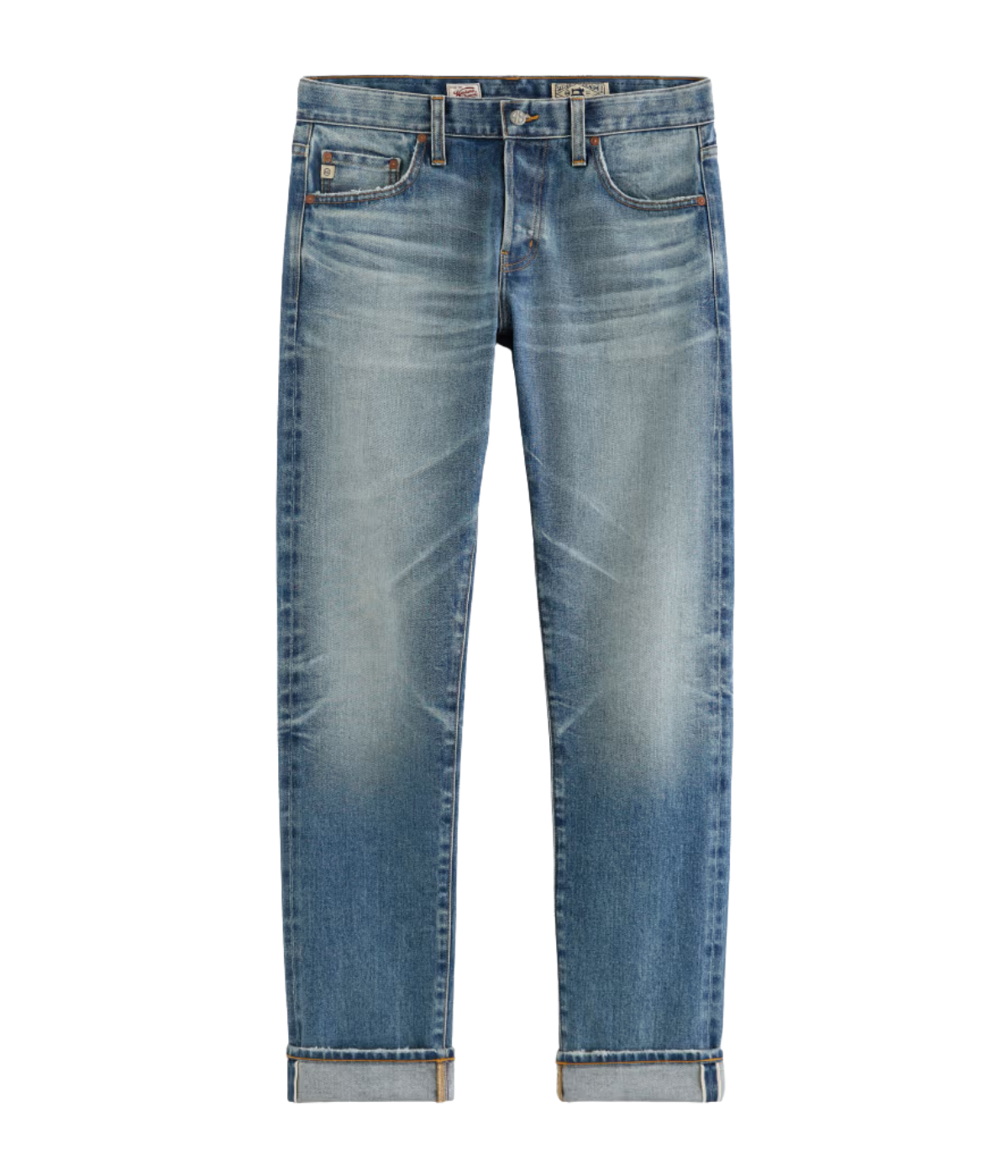 Men’s AG Tellis jeans in 14-year faded blue AG-ed™ wash, crafted from Japanese stretch selvage denim with a modern slim fit and tapered leg.