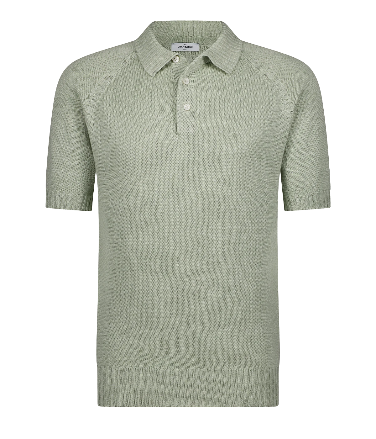 A timeless classic short sleeve polo in a mint, knitted material, made in Italy, featuring three button and collar detailing. Throw on and go, dressy polo, everyday staple.