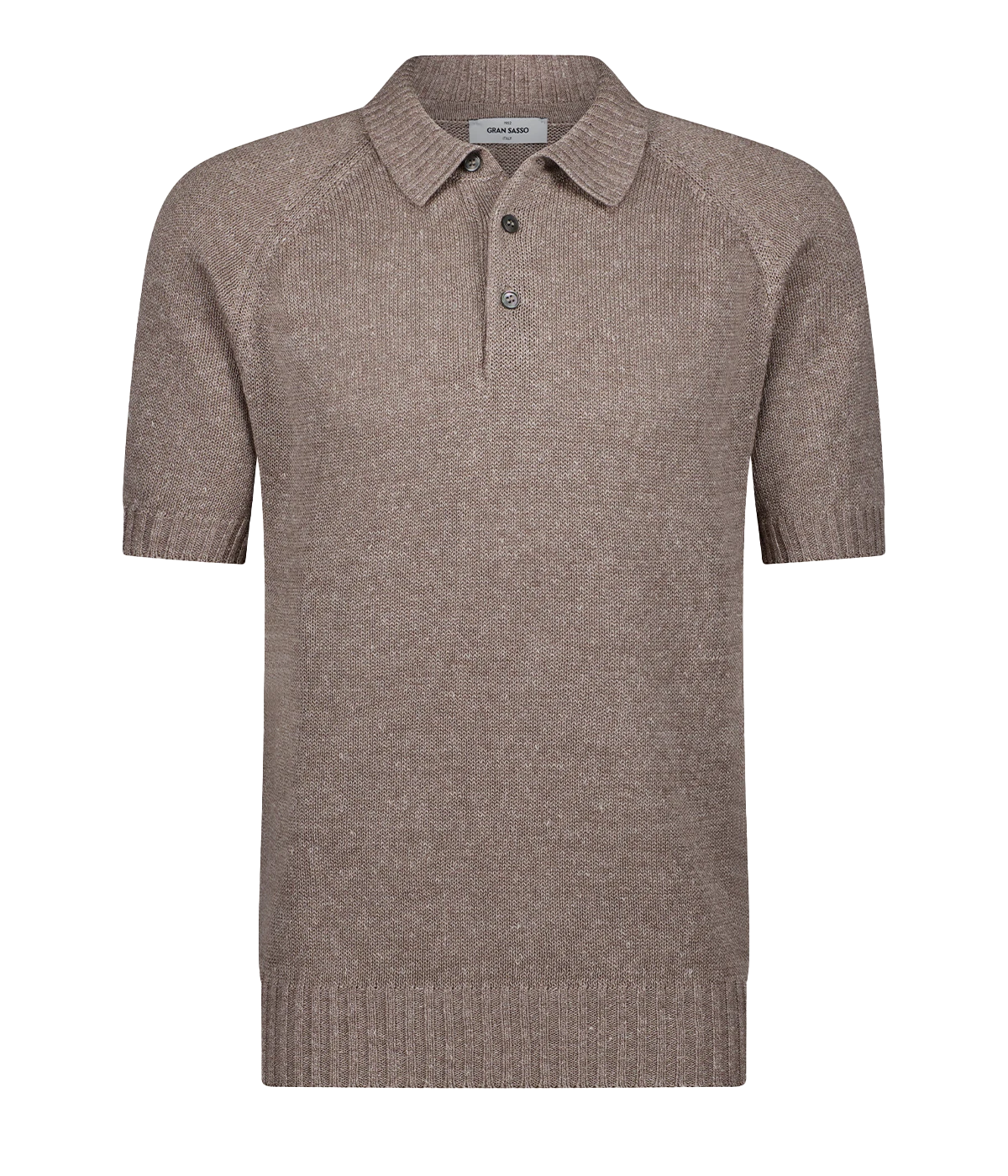 A timeless classic short sleeve polo in a taupe, knitted material, made in Italy, featuring three button and collar detailing. Throw on and go, dressy polo, everyday staple.