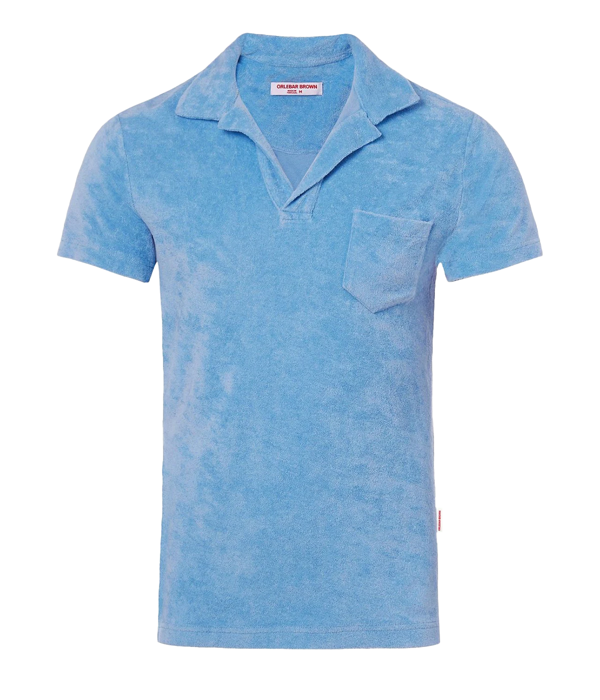 A flat lay of the Orlebar Brown Terry Towelling Polo in summer blue, showcasing its soft texture and tailored silhouette.