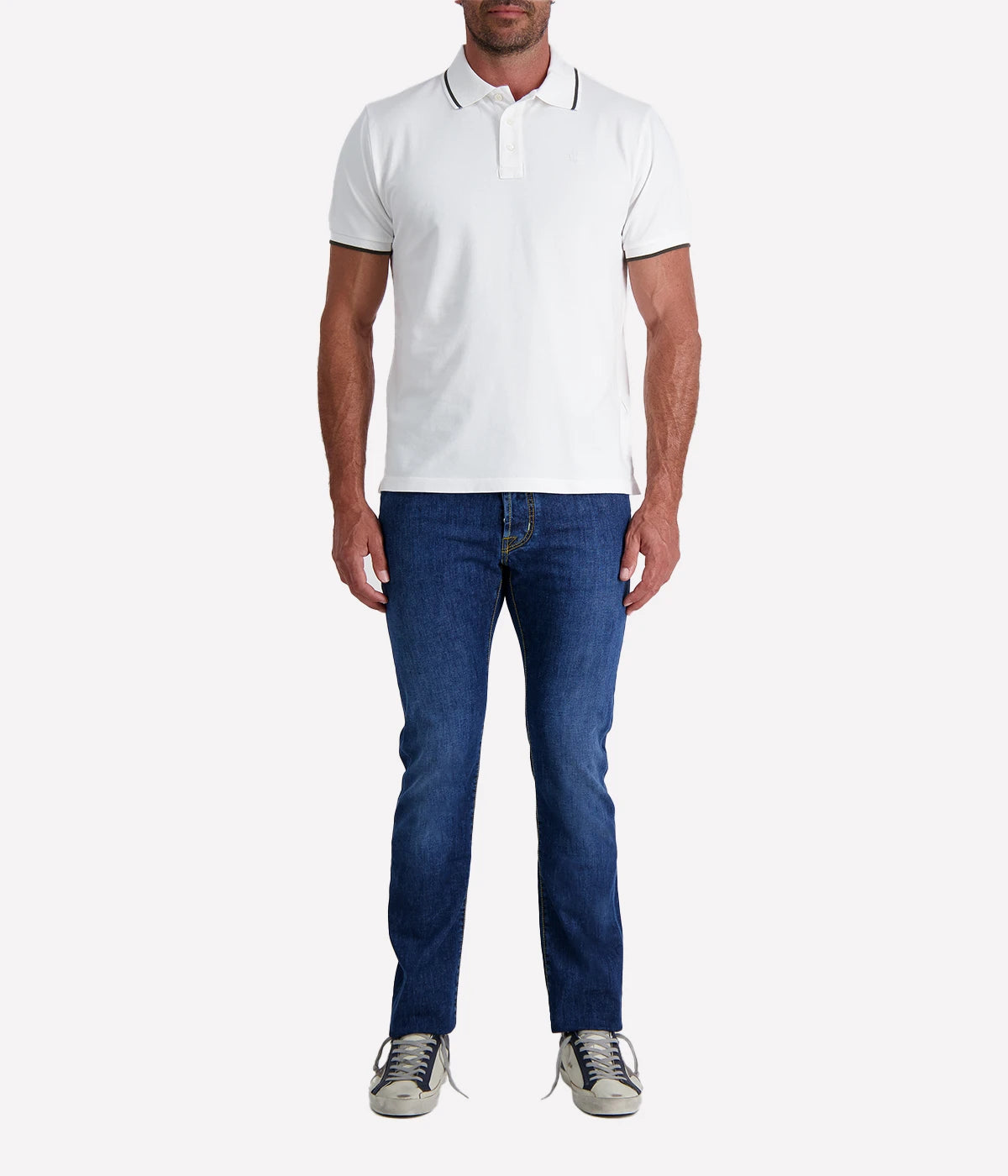 Jacob Cohën men's polo shirt with contrast tipping, classic two-button placket, and embroidered logo. Made from soft stretch cotton for a tailored fit.