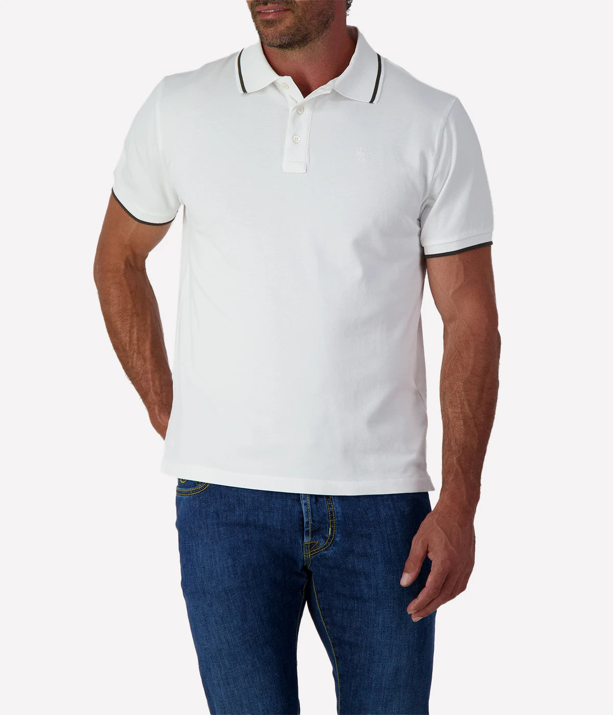 Jacob Cohën men's polo shirt with contrast tipping, classic two-button placket, and embroidered logo. Made from soft stretch cotton for a tailored fit.