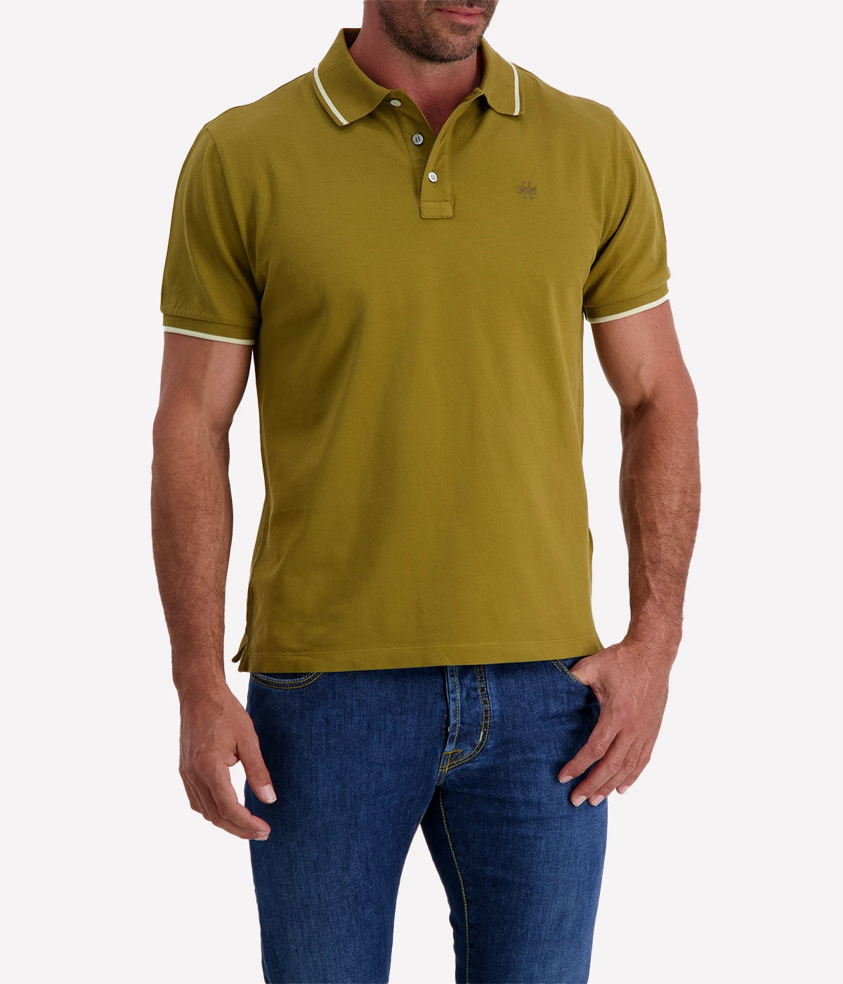 Jacob Cohën men's polo shirt in olive green with contrast tipping, classic two-button placket, and embroidered logo. Made from soft stretch cotton for a tailored fit. Also available in navy and white.
