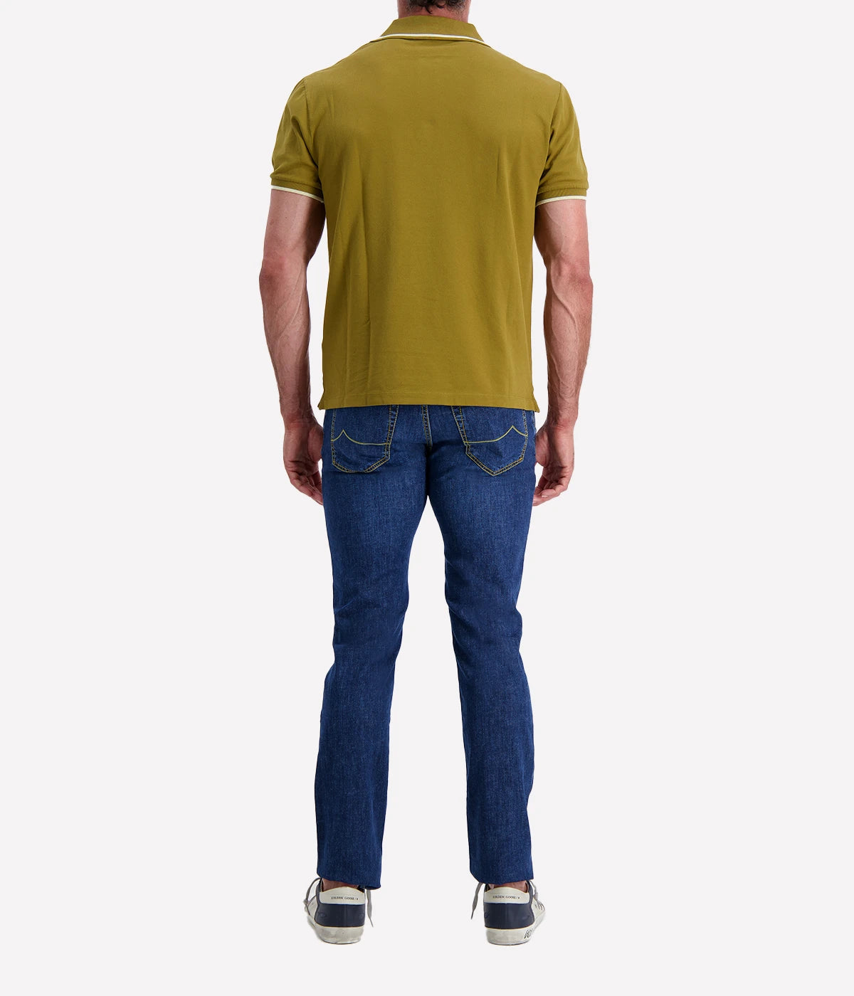 Jacob Cohën men's polo shirt in olive green with contrast tipping, classic two-button placket, and embroidered logo. Made from soft stretch cotton for a tailored fit. Also available in navy and white.