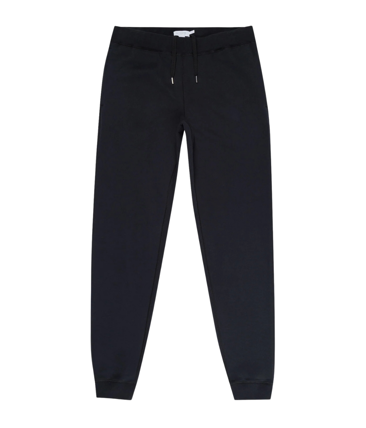Men’s slim fit track pants in black, crafted from loopback cotton with ribbed waistband and tapered leg—part of a matching track set.