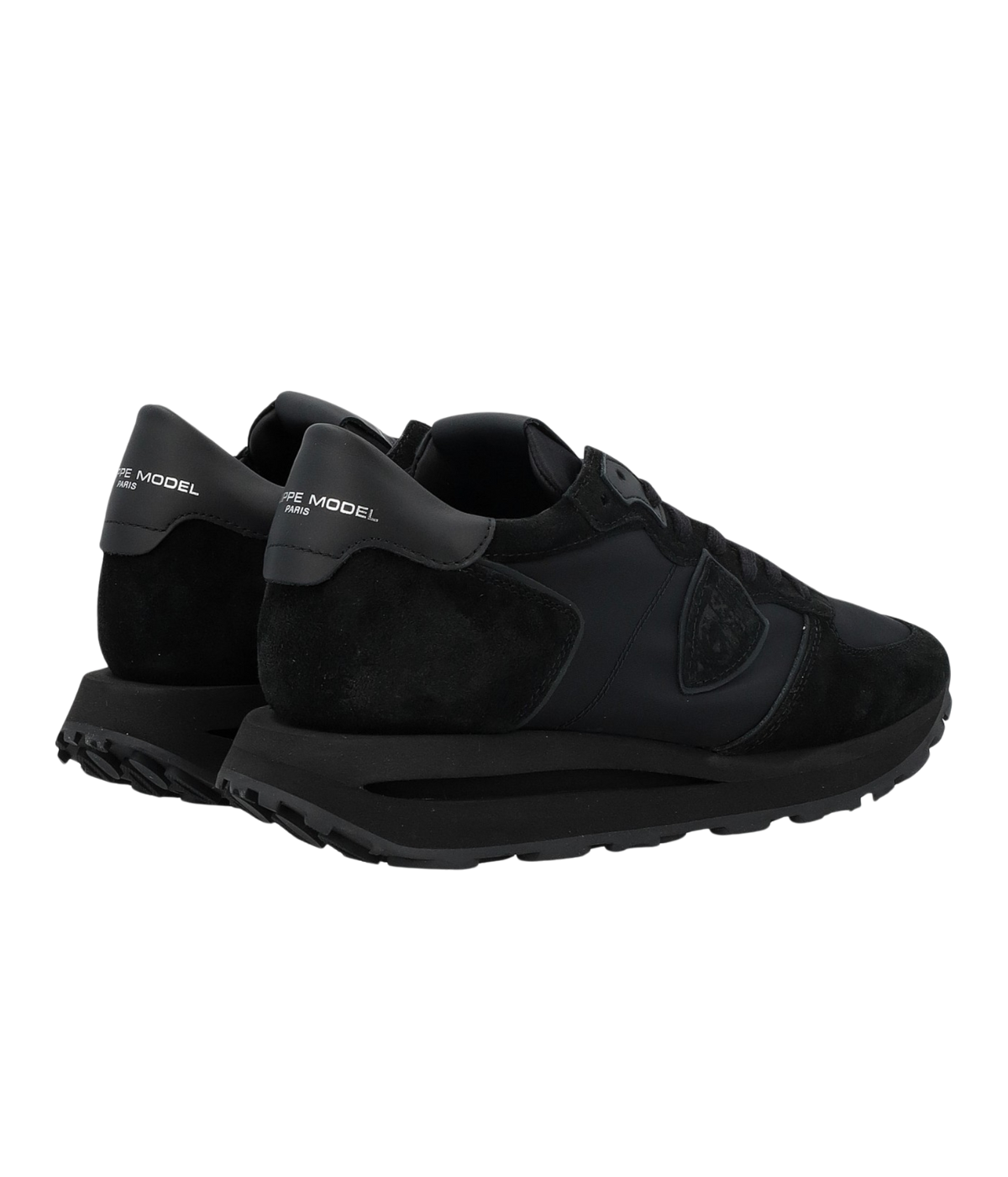 Philippe Model all-black Tropez sneakers in suede and technical fabric with side shield, memory foam insole, and lightweight rubber sole.