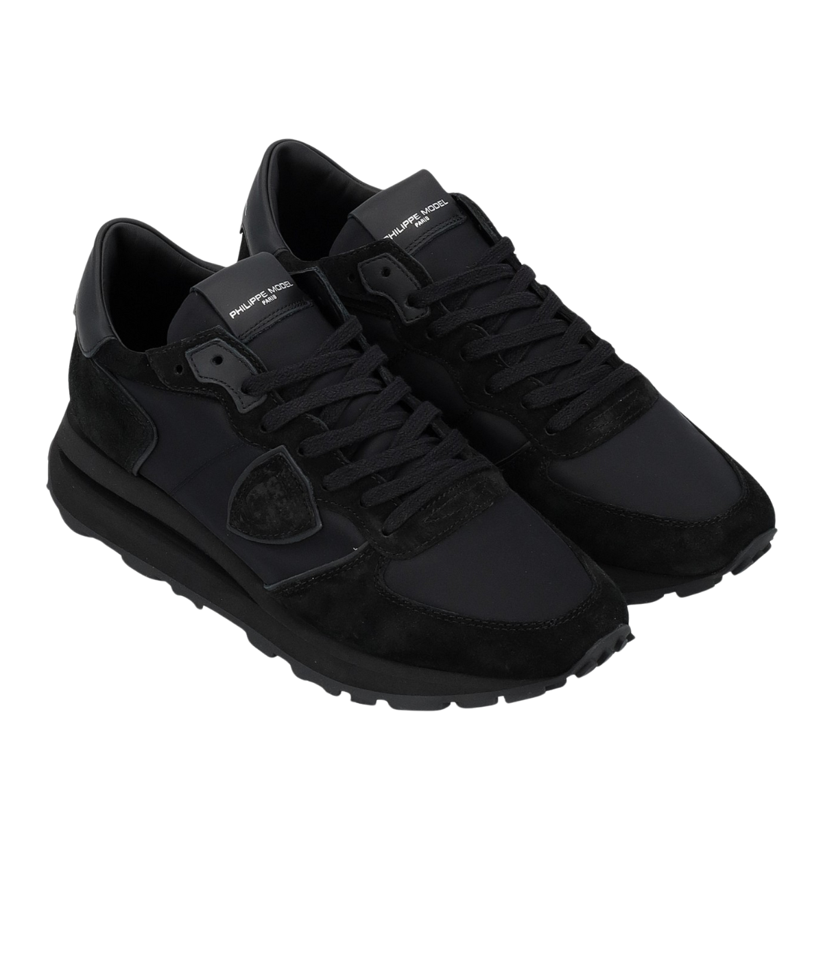Philippe Model all-black Tropez sneakers in suede and technical fabric with side shield, memory foam insole, and lightweight rubber sole.