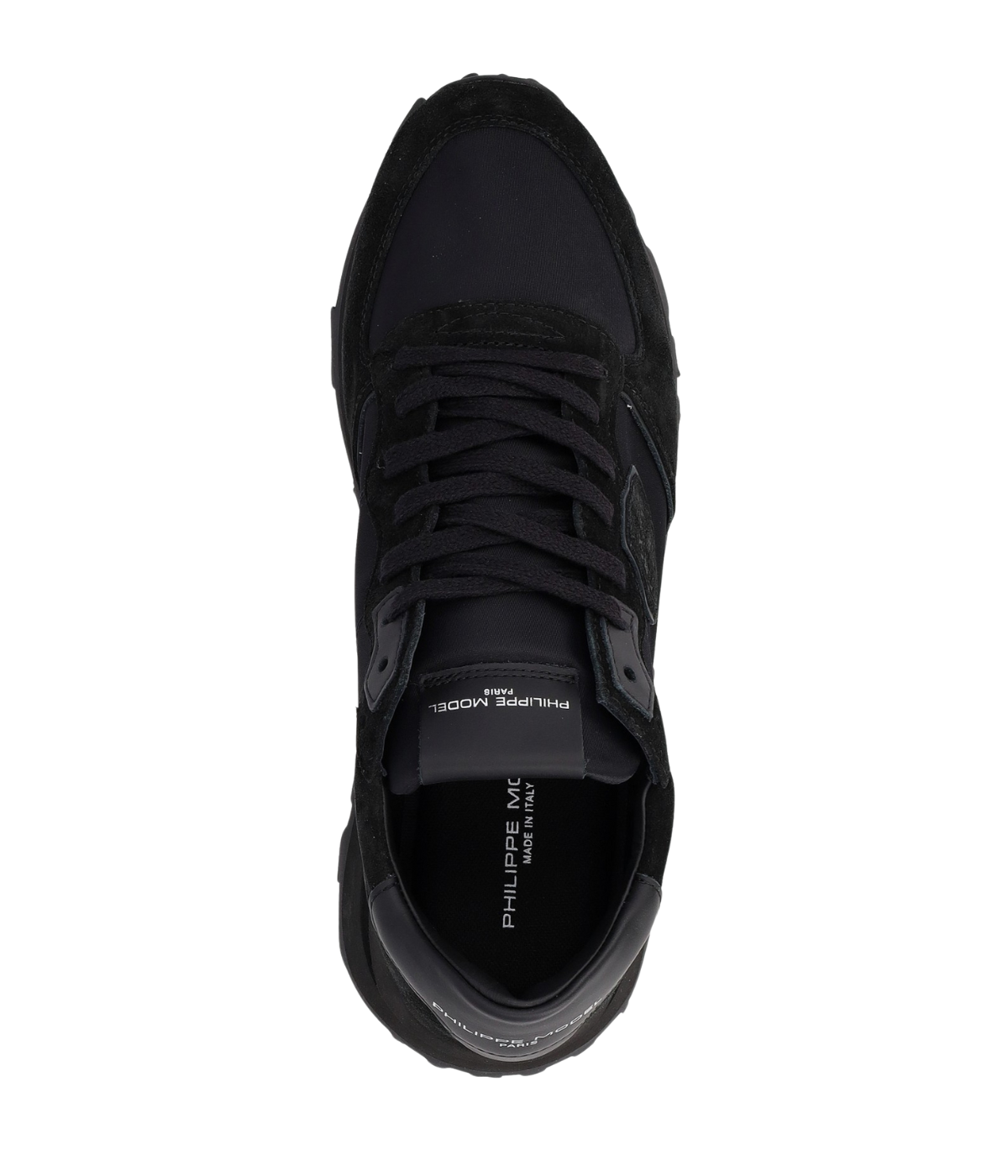 Philippe Model all-black Tropez sneakers in suede and technical fabric with side shield, memory foam insole, and lightweight rubber sole.