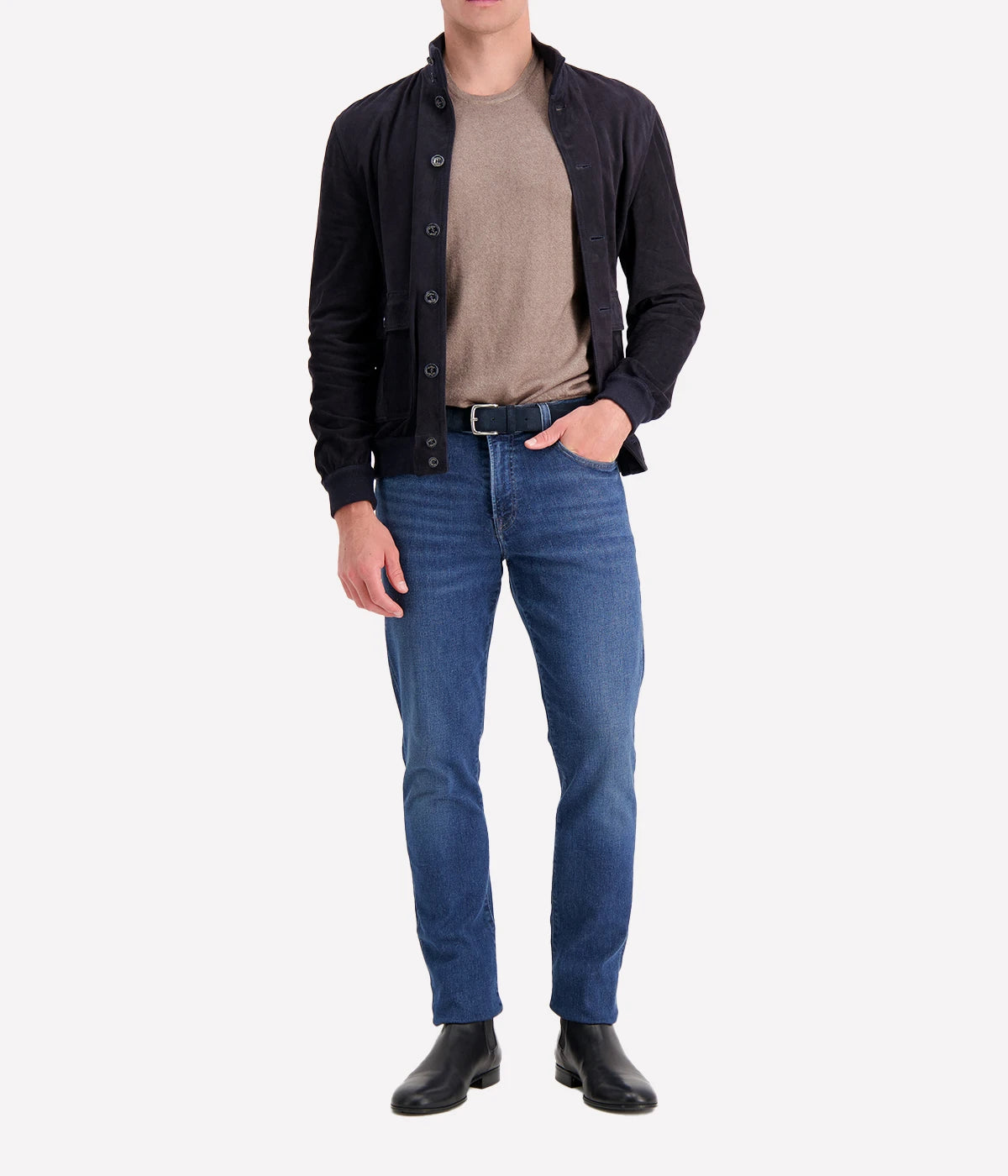 The Valstar Suede Jacket, a modern twist on the classic A1 flight jacket, featuring a luxurious goat suede texture and ribbed trims for a sporty yet sophisticated silhouette.