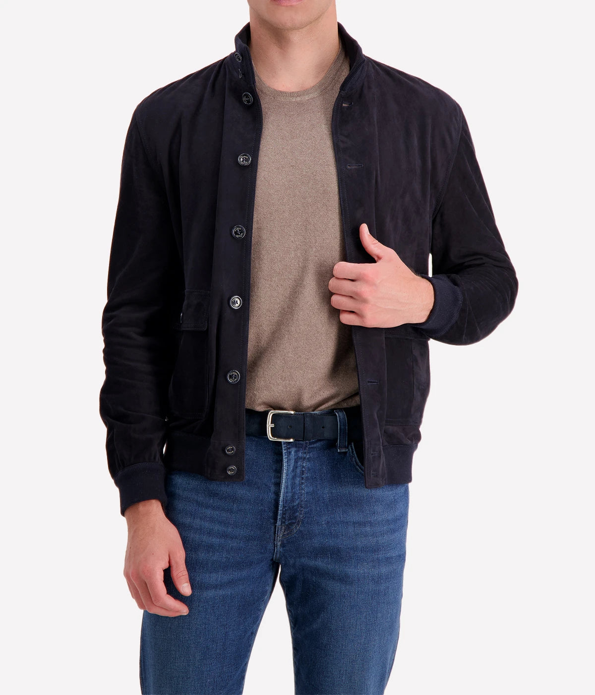 The Valstar Suede Jacket, a modern twist on the classic A1 flight jacket, featuring a luxurious goat suede texture and ribbed trims for a sporty yet sophisticated silhouette.