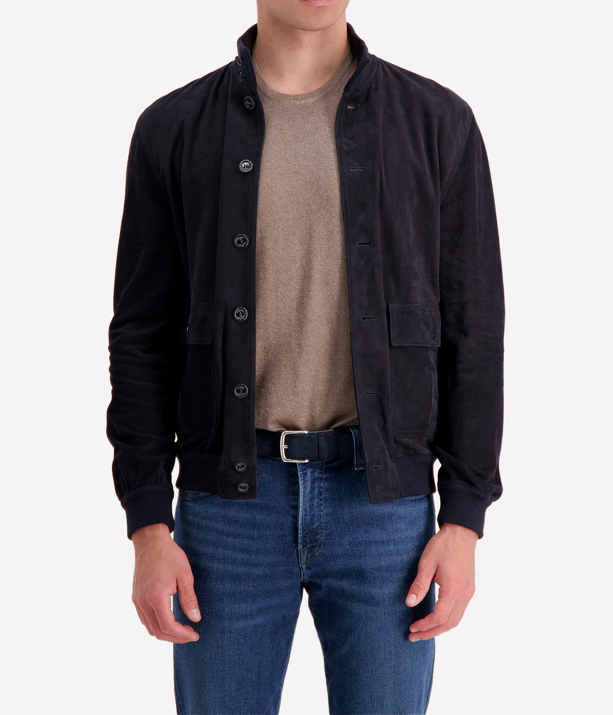 The Valstar Suede Jacket, a modern twist on the classic A1 flight jacket, featuring a luxurious goat suede texture and ribbed trims for a sporty yet sophisticated silhouette.