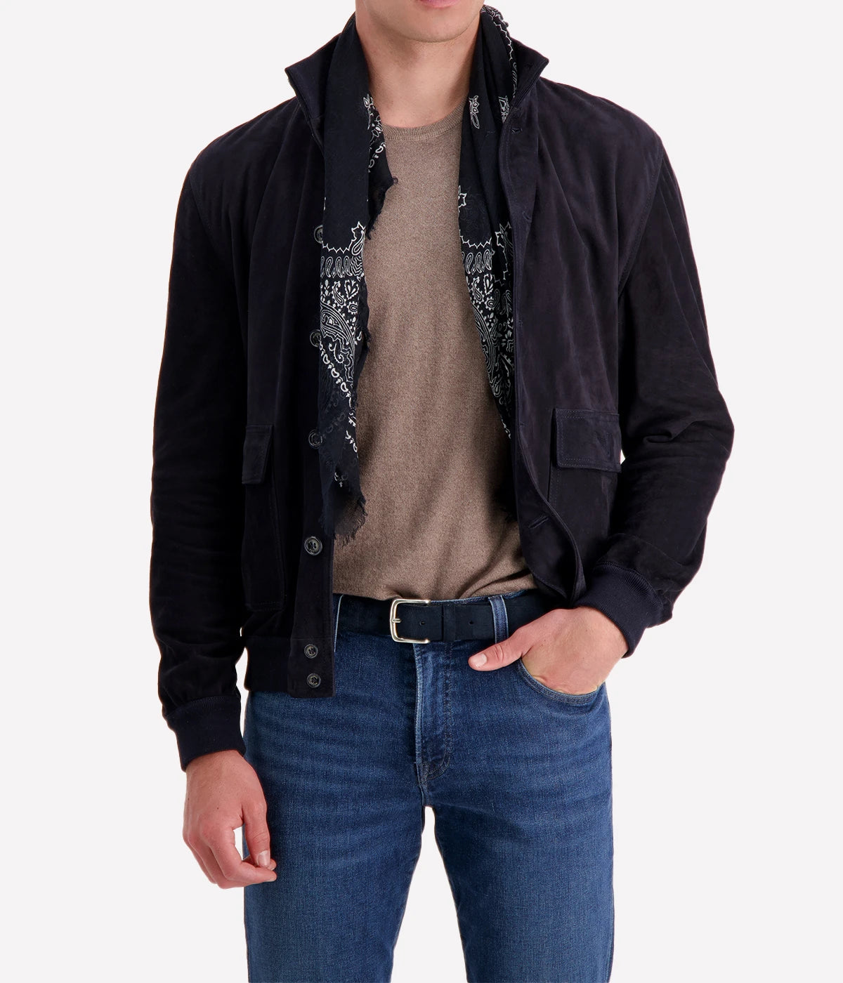 The Valstar Suede Jacket, a modern twist on the classic A1 flight jacket, featuring a luxurious goat suede texture and ribbed trims for a sporty yet sophisticated silhouette.