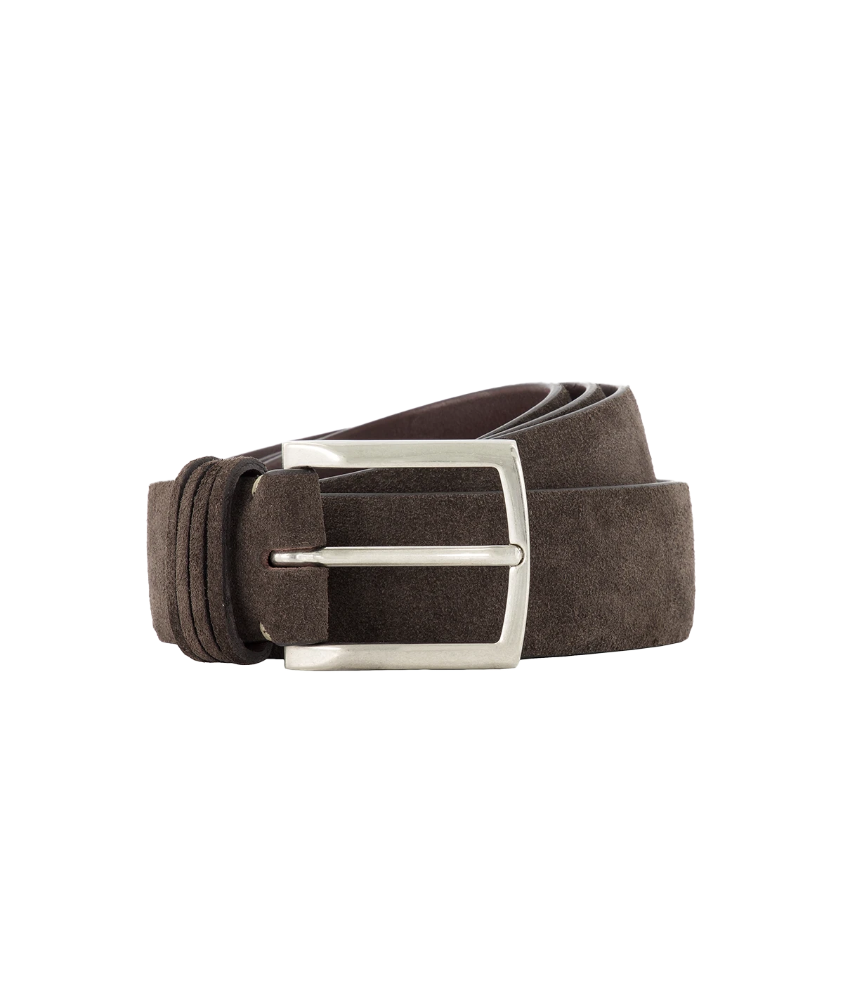 Men's velour leather belt in rich chocolate brown, crafted from soft matte suede with sleek silver hardware. A versatile accessory that pairs effortlessly with tailored trousers or denim for a refined yet relaxed look.