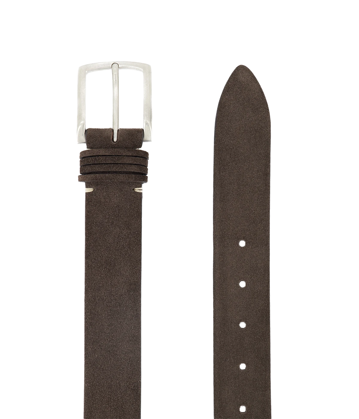Men's velour leather belt in rich chocolate brown, crafted from soft matte suede with sleek silver hardware. A versatile accessory that pairs effortlessly with tailored trousers or denim for a refined yet relaxed look.