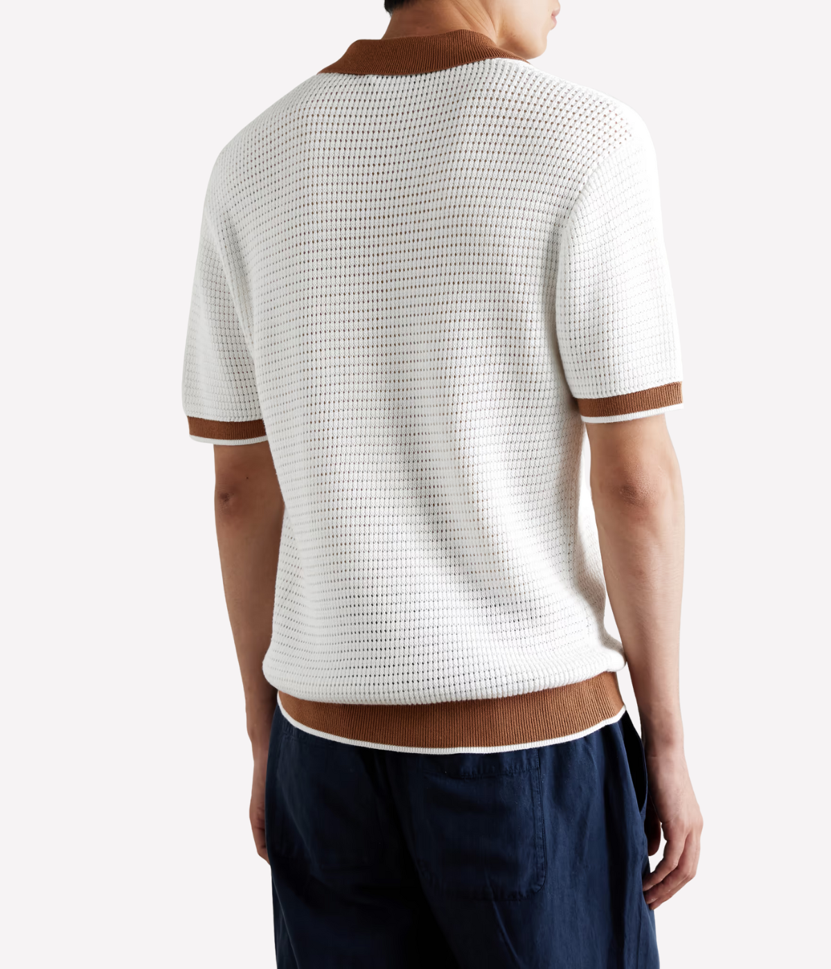 Vidal Cotton Crochet Short Sleeve Buttoned Polo in Ivory & Dark Almond