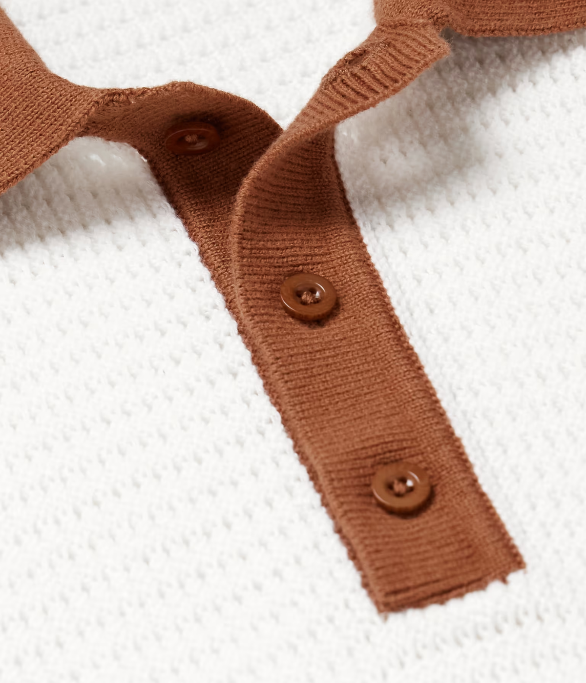 Vidal Cotton Crochet Short Sleeve Buttoned Polo in Ivory & Dark Almond