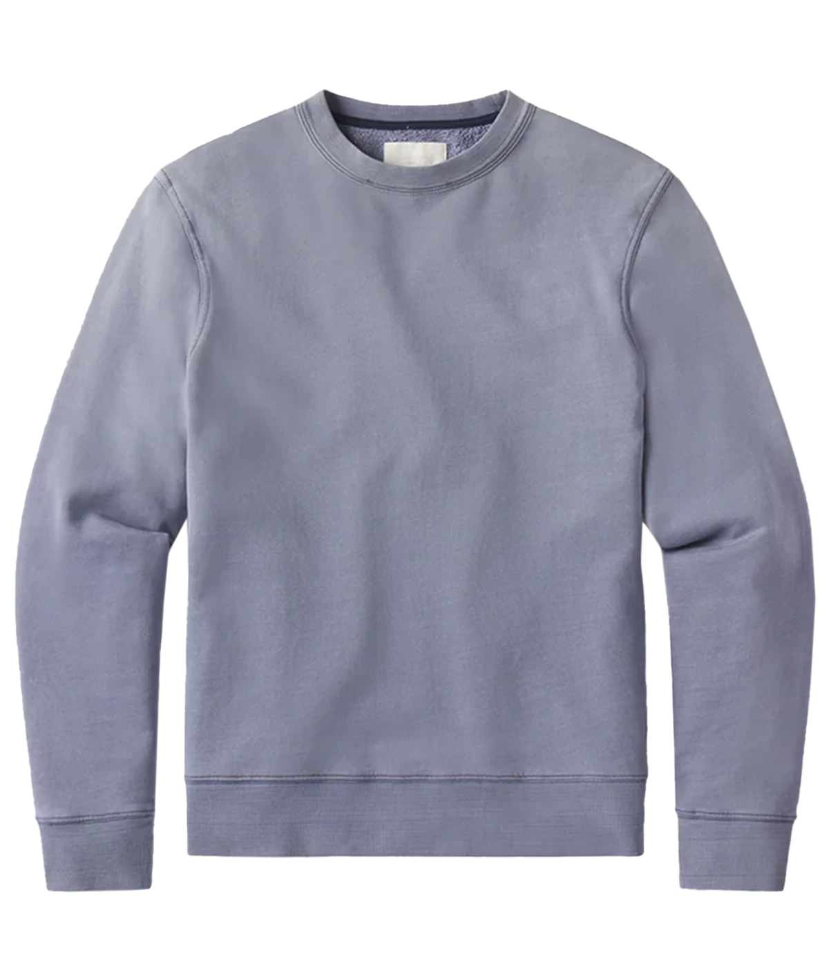 Vintage crewneck in 100% organic cotton, featuring a standard slim fit and indigo sueded fleece, softening over time, with detailed measurements for perfect layering.