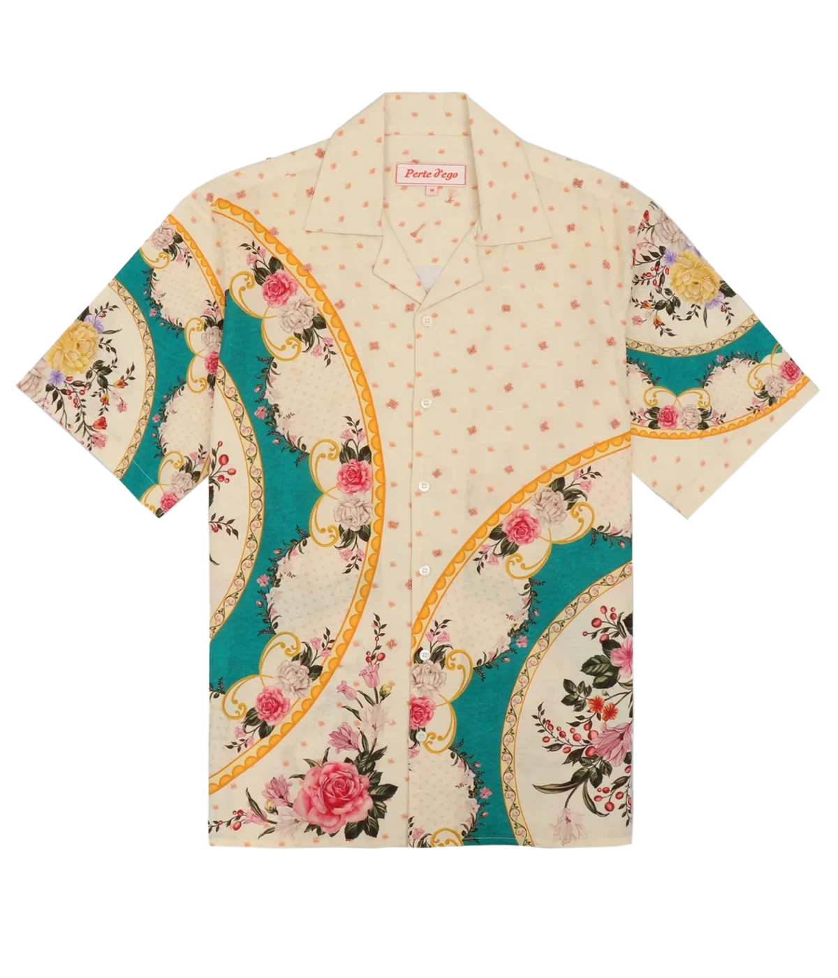 Perte D’ego Vintage Plates Emb Shirt featuring a Cuban collar, relaxed fit, and a baroque-inspired floral print in cotton-linen blend. Detailed with hand-embroidered accents and finished with Mother of Pearl buttons for a refined, statement summer look.